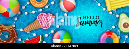 Bannière Hello Summer avec boules gonflables, matelas et anneaux de natation sur fond d'eau Illustration de Vecteur