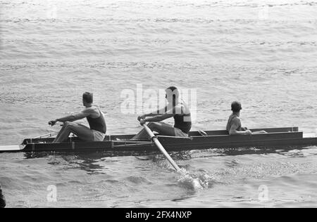 Championnats européens d'aviron sur le Bosbaan, première manche 2 avec coxswain, n° 11 USA n° 12 Pologne, n° 13 Résultats première manche, 6 août 1964, aviron, championnats, Coxswains, pays-Bas, Agence de presse du XXe siècle photo, news to remember, documentaire, photographie historique 1945-1990, histoires visuelles, L'histoire humaine du XXe siècle, immortaliser des moments dans le temps Banque D'Images