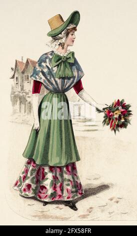 Broderie et finitions de la Maison Coiquil & gay. Les toutes dernières mode conçues et adaptées à la couturière et à la couturière du moniteur de la mode, Paris 1898. France, Europe. Lithographie de couleur ancienne de la fin du XIXe siècle Banque D'Images