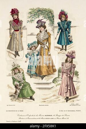 Costumes pour enfants de la Maison Delerablee et broderie et finitions de la Maison Coiquil & gay. Les toutes dernières mode conçues et adaptées à la couturière et à la couturière du moniteur de la mode, Paris 1898. France, Europe. Lithographie de couleur ancienne de la fin du XIXe siècle Banque D'Images