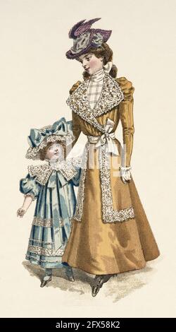 Costumes pour enfants de la Maison Delerablee et broderie et finitions de la Maison Coiquil & gay. Les toutes dernières mode conçues et adaptées à la couturière et à la couturière du moniteur de la mode, Paris 1898. France, Europe. Lithographie de couleur ancienne de la fin du XIXe siècle Banque D'Images