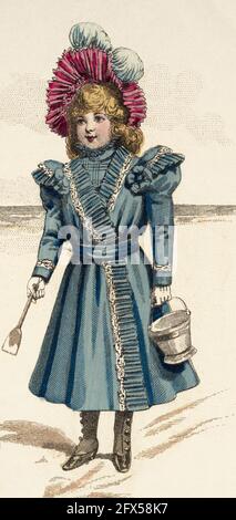 Costumes pour enfants de la Maison Delerablee et broderie et finitions de la Maison Coiquil & gay. Les toutes dernières mode conçues et adaptées à la couturière et à la couturière du moniteur de la mode, Paris 1898. France, Europe. Lithographie de couleur ancienne de la fin du XIXe siècle Banque D'Images