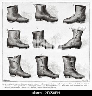 Différents types de chaussures pour les soldats. Ancienne illustration gravée du XIXe siècle de la nature 1893 Banque D'Images