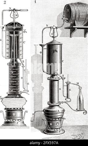 Distillation continue alembic. Ancienne illustration gravée du XIXe siècle de la nature 1893 Banque D'Images