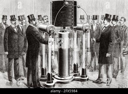 Démonstration de la machine électrique haute tension de Wimshurst. Modèles cylindriques machines à induction électrostatique sans secteurs construits par Bonetti. Ancienne illustration gravée du XIXe siècle de la nature 1893 Banque D'Images