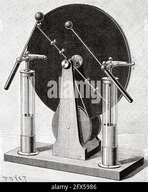 La machine d'influence de Wimshurst est un générateur électrostatique, une machine pour générer des tensions élevées développée entre 1880 et 1883 par l'inventeur britannique James Wimshurst (1832–1903). Il a un aspect distinctif avec deux grands disques contra-rotatifs montés dans un plan vertical, deux barres croisées avec des balais métalliques, et un écartement d'étincelle formé par deux sphères métalliques. Ancienne illustration gravée du XIXe siècle de la nature 1893 Banque D'Images