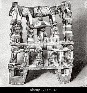 Le trône en bois sculpté du roi Behanzin, palais Abomey à Dahomey. Bénin, Afrique de l'Ouest. Ancienne illustration gravée du XIXe siècle de la nature 1893 Banque D'Images