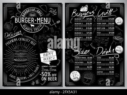 Modèle de menu du bar Burger - carte A4 (hamburgers, grill, accompagnements, boissons) Illustration de Vecteur