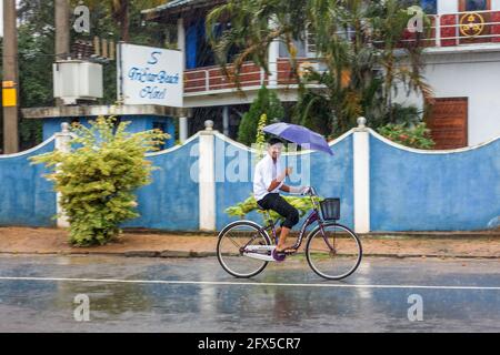 Un homme sri-lankais fait du vélo et porte-parapluie sous une pluie torrentielle (prise en utilisant la technique de la caméra panoramique), Arugam Bay, province orientale, Sri Lanka Banque D'Images