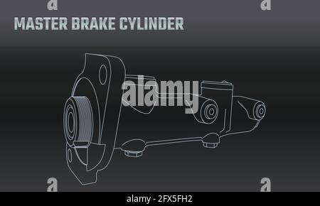 Vecteur ligne auto moto pièces accessoires maître-cylindre de frein. Réparer l'équipement d'entretien. Catalogue d'atelier des éléments moteur. Symbole de véhicule d'époque. M rétro Illustration de Vecteur