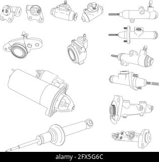 Cylindres de frein d'embrayage de moto automatique à vecteur de ligne. Réparer l'équipement d'entretien. Catalogue d'atelier des éléments moteur. Symbole de véhicule d'époque. Rétro Illustration de Vecteur