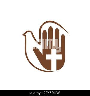 L'icône de religion chrétienne avec main de prêtre, colombe et croix de crucifix, emblème de vecteur. Christianisme religion culte signe d'orthodoxe, catholique ou evang Illustration de Vecteur
