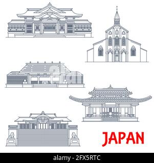 Temples japonais, architecture japonaise, monuments et bâtiments de pagode, vecteur. Voyage au Japon et sanctuaires bouddhistes, Amano Iwasto à Miyazaki, temple de Suwa Illustration de Vecteur