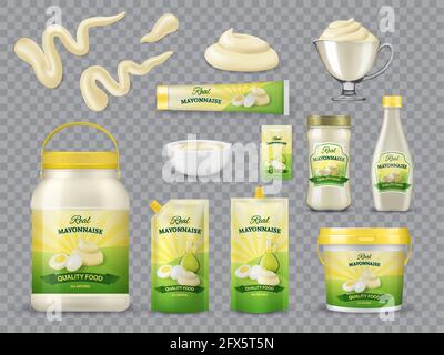 Mayonnaise empaqueter des maquettes vectorielles réalistes. Bouteilles en plastique, bocaux et pochettes, seau ou seau, tube avec huile d'olive et œufs sur l'étiquette. Mayonnaise Illustration de Vecteur