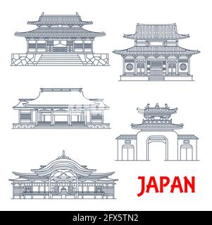Voyages au Japon, temples d'architecture japonaise, pagodes et portes, bâtiments de référence vectoriels. Les sanctuaires japonais d'Osaka, de Fukuoka et de la préfecture de Nagasaki, Illustration de Vecteur