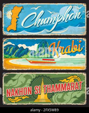 Chumphon, Krabi et Nakhon si Thammarat Thaïlande provinces plaques ou bannières vintage. Panneaux de destination de voyage à âge vectoriel. Panneaux de grunge rétro, usés Illustration de Vecteur