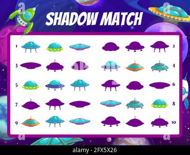 Jeux d'enfants de match d'ombre de vaisseaux spatiaux, jeu de société vectoriel avec des soucoupes d'ovnis exotiques. Trouver la bonne silhouette enfants énigme éducative, tester avec des navires spatiaux Illustration de Vecteur