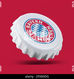 Madrid , ESPAGNE - 25 mai 2021: FC Bayern Munich 3D rend réaliste bouchon de bouteille logo sur blanc, éditorial Banque D'Images