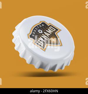 Madrid , ESPAGNE - 25 mai 2021: Houston Dynamo 3D rend réaliste bouchon de bouteille logo sur blanc, illustration éditoriale Banque D'Images