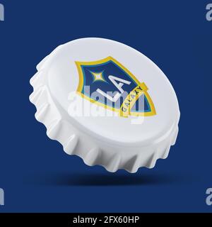 Madrid , ESPAGNE - 25 mai 2021: LA Galaxy 3D rend réaliste bouchon de bouteille logo sur blanc, éditorial illustratif Banque D'Images