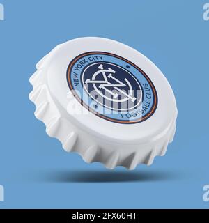 Madrid , ESPAGNE - 25 mai 2021: New York City FC 3D rend réaliste bouchon de bouteille logo sur blanc, éditorial Banque D'Images