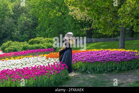 Une fille avec un chapeau de paille admire des tulipes fleuris. Banque D'Images