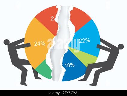 Guerre commerciale, concept de part de marché. Illustration de deux silhouettes noires mâles déchirant le graphique à secteurs en papier.concept symbolisant la lutte pour la part de marché. Illustration de Vecteur