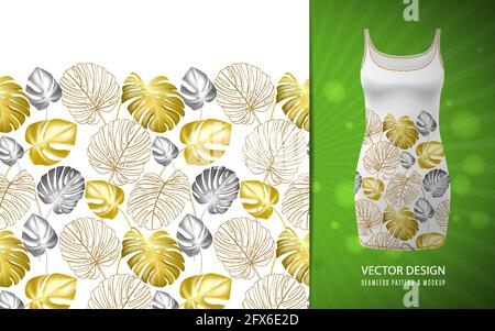 Branches réalistes dessinées à la main et feuilles de plantes tropicales. Motif de feuilles horizontales lignes vives. Vert bleu bordure sans couture sur la maquette de la robe Illustration de Vecteur