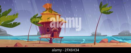 Tempête sur la plage avec hutte ou bungalow sous la pluie, cabane d'été sur l'île tropicale en bord de mer avec vagues de l'océan et balançoires de palmiers dans le vent. Paysage de douche tropicale, illustration vectorielle de dessin animé Illustration de Vecteur