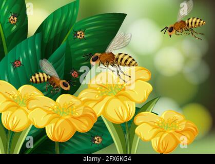 Gros plan avec beaucoup d'abeilles et de fleurs jaunes illustration d'arrière-plan floue Illustration de Vecteur