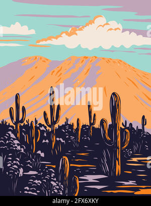 WPA Poster Art of saguaro cactus with Wasson Peak In Tucson Mountains situé dans le parc national de Saguaro en Arizona fait en travaux projet admini Illustration de Vecteur