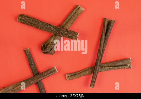 Commercialisation et publicité des produits animaux concept. Gâteries pour chiens sur fond rouge. Bâtonnets d'estomac de bœuf séchés. Friandises séchées naturelles pour chiens. Animaux de compagnie. Banque D'Images