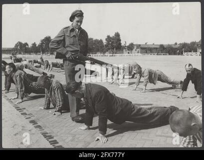 Dans le camp pénitentiaire de Vught, 7000 collaborateurs et traîtres néerlandais sont enfermés. Les soldats du Stoottroepen néerlandais sont en charge de la sécurité, en particulier des 300 SS-men néerlandais. Dirigés par le commandant du camp, le major L. Mennes, et ses aides, ces prisonniers sont utilisés pour nettoyer la zone autour de Vught de mines terrestres, entre autres choses. Ils étaient vêtus des costumes de prison à rayures bleues et blanches des anciens Hollandais capturés par les Allemands. Les prisonniers reçoivent la ration civile minimale, qui a également été réduite parce que toutes les gourmandises ont été prises. Ils passent leurs journées ici Banque D'Images