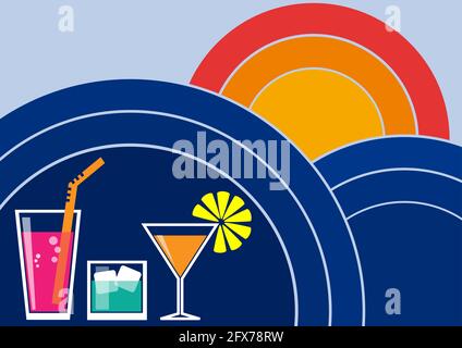 Invitation à un cocktail sur la plage. Affiche vintage, fond noir vectoriel dans un design plat, fond d'été Illustration de Vecteur