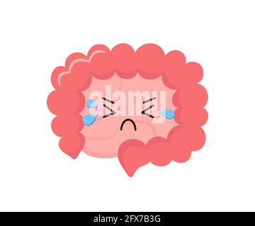 Kawaii caractère de petit et grand intestin humain. Caractère malsain de pleurer l'intestin. Maladies de l'intestin - SIO, syndrome de l'intestin qui fuit, cancer ou croissance de candida Illustration de Vecteur