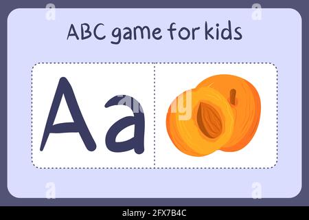 Mini-jeux d'alphabet pour enfants en style dessin animé avec lettre A - abricot. Illustration vectorielle pour la conception de jeux - couper et jouer. Apprenez l'abc avec des cartes flash de fruits et légumes. Illustration de Vecteur