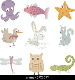 Neuf animaux amusants : un poulpe, un poisson, une étoile de mer, un oiseau, un lapin, un écureuil, une libellule, un hibou et un lézard. Illustration de Vecteur