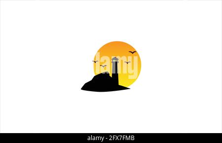 logo de l'icône du phare au coucher du soleil avec illustration vectorielle des mouettes Illustration de Vecteur