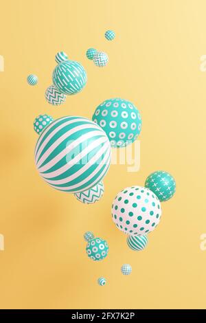 Illustration 3D de sphères vertes et blanches sur fond jaune. Banque D'Images