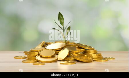 3D rendu, investissement et économie d'argent concept, beaucoup de pièces d'or avec plante croissante sur table en bois symbole de richesse dans un arrière-plan flou, 3D i Banque D'Images