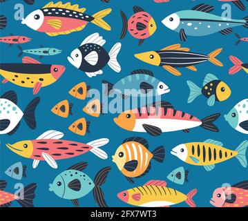 Motif poissons nageurs sans coutures. Concept Sealife. Illustration vectorielle colorée dessinée à la main sur fond bleu. Illustration de Vecteur