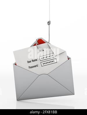 Crochet de poisson volant les zones de texte de nom d'utilisateur et de mot de passe sur le papier à l'intérieur d'une enveloppe. Illustration 3D. Banque D'Images