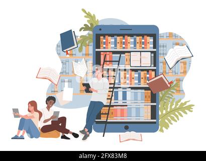 Illustration à plat vectorielle de la bibliothèque en ligne. Les personnes qui sont assis près d'un smartphone affichent l'application de bibliothèque et se préparent aux examens, au travail et à la lecture de livres. Éducation en ligne, concept de livres électroniques. Illustration de Vecteur