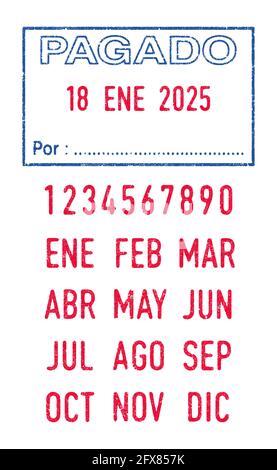 Illustration vectorielle des mots espagnols Pagado (payé) et Por (par) en tampon d'encre bleue et dates modifiables (jour, mois et année) en tampons d'encre rouge Illustration de Vecteur