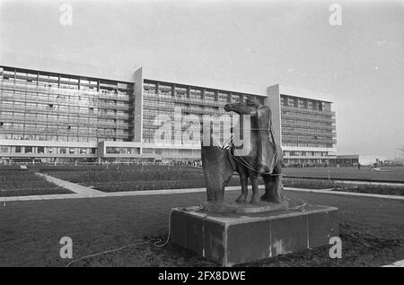 Statue de Sainte-Elisabeth et le miracle rose (par mari Andriessen) est placé par hélicoptère au nouvel hôpital Sainte-Elisabeth à Haarlem, 7 décembre 1971, images, pays-Bas, agence de presse du XXe siècle photo, news to Remember, documentaire, photographie historique 1945-1990, histoires visuelles, L'histoire humaine du XXe siècle, immortaliser des moments dans le temps Banque D'Images