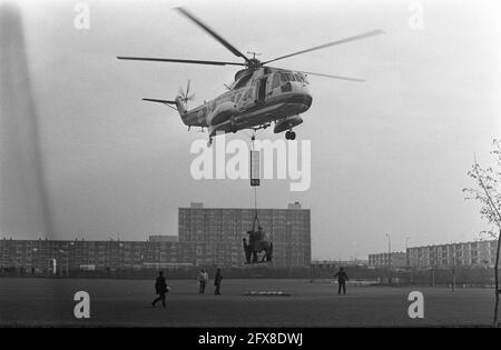 La statue de Sainte-Elisabeth et le miracle rose (par mari Andriessen) est placé par hélicoptère au nouvel hôpital Saint-Elisabeth à Haarlem, 7 décembre 1971, images, hélicoptères, Pays-Bas, Agence de presse du XXe siècle photo, nouvelles à retenir, documentaire, photographie historique 1945-1990, histoires visuelles, L'histoire humaine du XXe siècle, immortaliser des moments dans le temps Banque D'Images