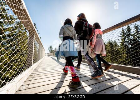 Les familles marchant sur un pont en bois de cime passerelle à ciel couvert en hiver. Famille avec enfants marchant à travers les arbres sur le balcon en bois passerelle à travers t Banque D'Images