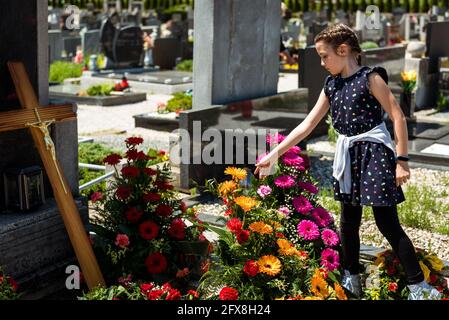 Une fille est en train de jeter des fleurs dans la tombe de la personne décédée. La famille fait ses derniers adieux aux funérailles dans le cimetière. Triste et triste moment au cimet Banque D'Images