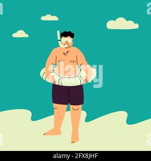 Un homme de chubby dans un masque sous-marin et un anneau gonflable. Illustration vectorielle plate amusante. Personne grasse dans un maillot de bain sur la plage. Sport plus taille Illustration de Vecteur