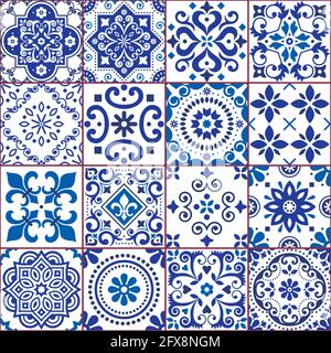 Collection de carreaux azulejo portugais et espagnol à motif vectoriel en bleu marine et blanc, motif floral traditionnel grand ensemble inspiré de l'art du carrelage Illustration de Vecteur